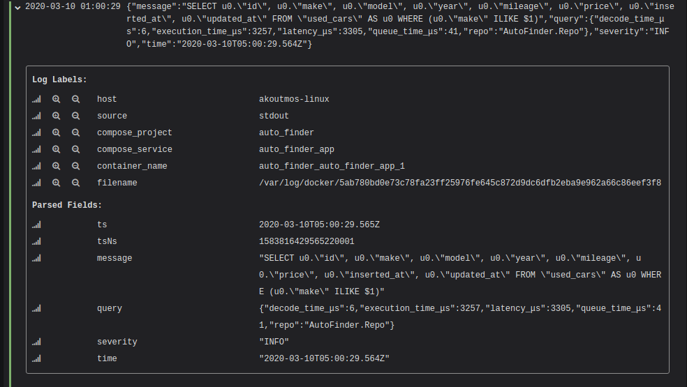 Image of Grafana's log explore tool parsing fields